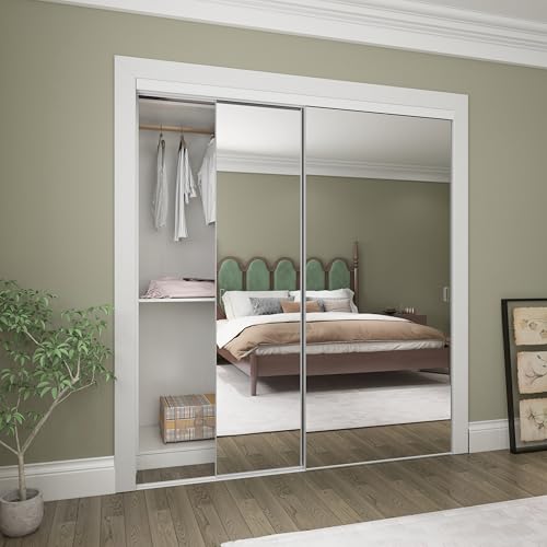 JUBEST 72x80 Mirror Closet Doors One Side Sliding Closet Door with Hardware Kit Interior Steel Frame Bypass Sliding Door for Closet Easy to Install