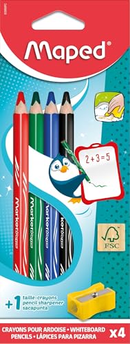 Maped - 4 Crayons de Couleur pour Ardoise Marker'peps Wood + Taille-Crayons - Format Jumbo, Corps...