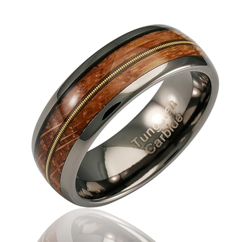 100S JEWELRY Engraved Personalized Gunmetal Tungsten Rings For Men Guitar String Whiskey Barrel Inlay Wedding Promise Band Size 6-16