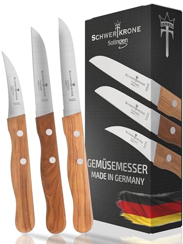 SCHWERTKRONE® Schälmesser 3er Set Premium [MADE IN SOLINGEN - GERMANY] - Gemüsemesser Obstmesser - Küchenmesser klein scharf - Schneidemesser Kartoffelschälmesser - Allzweckmesser (3xOliven-Holzgriff)