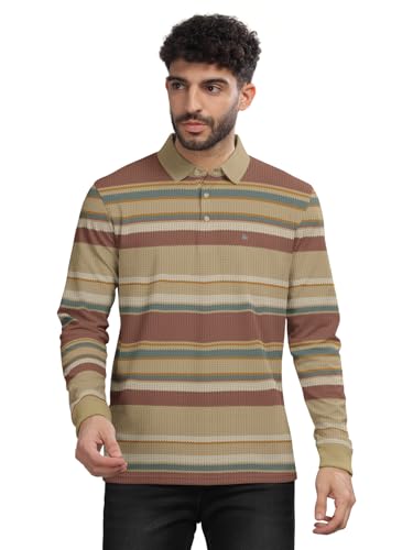 Image of BULLMER Striped Textured Printed Polo Neck Fullsleeve T-Shirt with Rib for Men