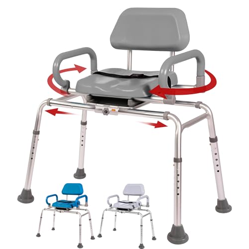 Carousel Sliding Shower Chair Transfer Bench with Swivel Seat, Premium Padded Bath, with Pivoting Arms, Adjustable Space Saving Design for Tubs, Shower, for Handicap & Seniors, Gray