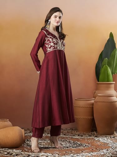 Image of MOKOSH Women's Silk Anarkali Kurta Pant with Dupatta | Anarkali Kurta Set | Embroidered | Ethnic Wear | Notch Neck Full Sleeve