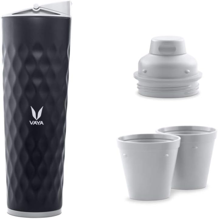 VAYA DRYNK Stainless Steel Water Bottle for Office, 600ml Insulated Water Bottle with Sipper, Gulper Lid, and 2 Tumblers, Hot and Cold Thermos Flask for Adults, Leakproof Travel Bottle,Black