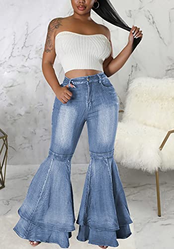 Women's Cute Flare Jeans Pleated Layered Ruffle Bell Hem Wide Leg Denim Pant2