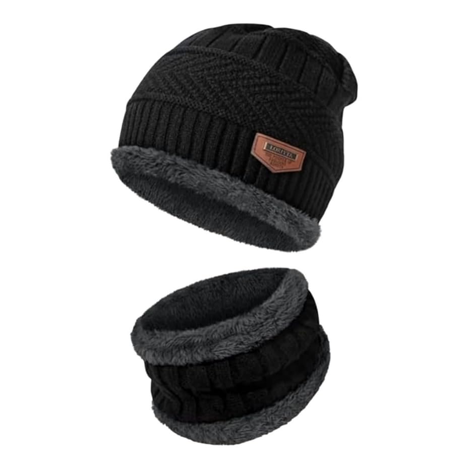 Winter Knit Beanie and Scarf Set, Black Woolen, Ribbed Pattern, Cold Weather Accessories-image-28