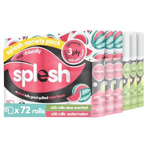 Splesh by Cusheen 3-ply Toilet Roll - Soft Quilted Bulk Toilet Rolls Eco-Friendly Toilet Tissue Loo Rolls Made in UK - 72 Rolls (Aloe 36s) & (Lavender 36s)