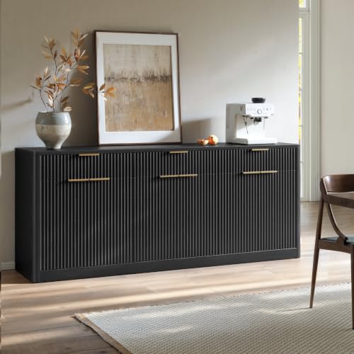Image of Evermagin 67 inch Fluted Black Sideboard Buffet Cabinet with 3 Drawers | Modern credenza and console cabinet with storage for kitchen, living room, entryway or coffee bar, 67 inchW x 31.5 inchH x 15.7 inchD