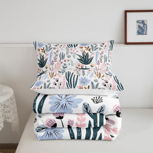 Image of Feelyou King Size Comforter Set, Cartoon Flowers Duvet Set - Pink, Green Plants, Botanical Leaves and Flowers Pattern, Durable Quilt Set