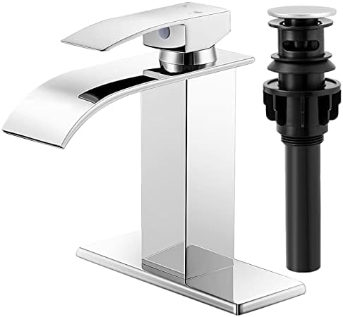 KZH Waterfall Bathroom Faucet,Single Handle Bathroom Sink Faucet for 1 or 3 Hole Washbasin Faucet Rv Vanity Faucet with Deck Plate, Pop-up Drain and Supply Hoses Chrome