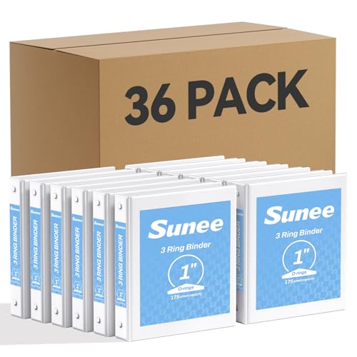 SUNEE White Binders 1 Inch 36 Pack Bulk, Clear View 3 Ring Binders PVC-Free (Fit 8.5x11 Inches) for School or Office Supplies