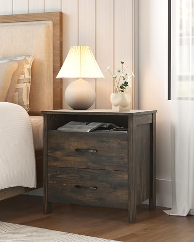 Furnivado Farmhouse Nightstand, Rustic Nightstand with 2 Large Drawers, Wood