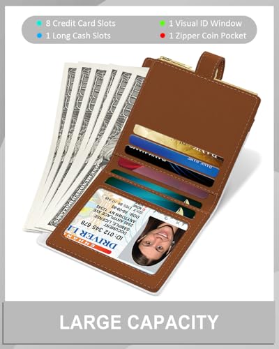 Womens Wallet, RFID Small Slim Wallets for Women, Compact Credit Card Holder, Cute Leather Bifold Ladies Purse with Zipper Coin Pocket and ID Window, White Brown3