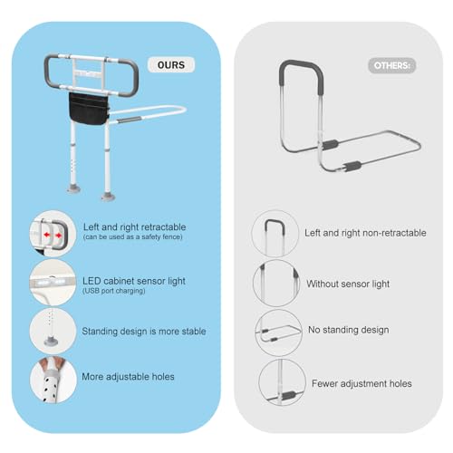 BEEYEO Trilhos de cama para adultos idosos, trilho de assistência de cama ajustável em altura com lu