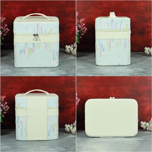 Image of NFI essentials Cosmetic Storage Makeup Bag for Womens Train Case Travel Makeup Pouch Organizer Brush Holder Makeup Artist Vanity Bridal Trousseau Box for Girls (Off-White)