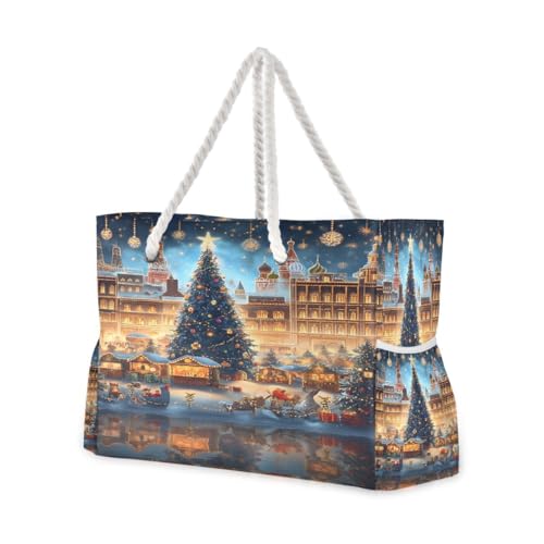 Large Beach Bags Totes Canvas Tote Shoulder Bag Deer Snowflake Water Resistant Bags for Gym Travel Daily