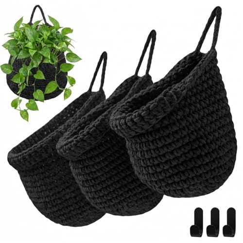 Image of Honeydak 3 Hanging Baskets, Black, Barrel, Cotton Rope