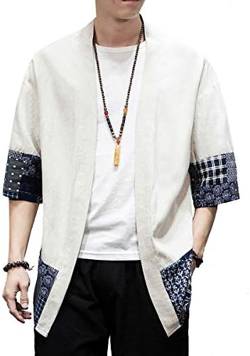PRIJOUHE Men's Kimono Jackets Cardigan Lightweight Casual Cotton Blends Linen Seven Sleeves Open Front Coat Outwear