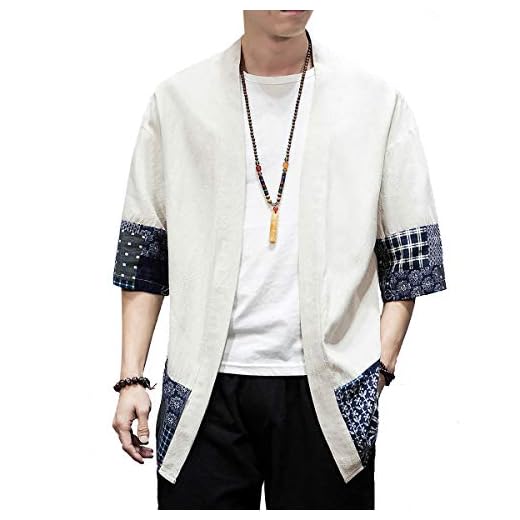 PRIJOUHE Men's Kimono Jackets Cardigan Lightweight Casual Cotton Blends Linen Seven Sleeves Open Front Coat Outwear