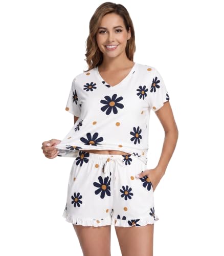 Image of WiWi Womens Pajamas Set Bamboo Viscose Super Soft Short Sleeve Top Ruffle Shorts Sleepwear Cooling Pj Sets S-XXL