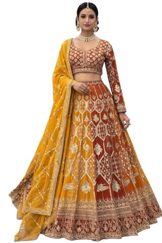 Embroidered Bridal Lehenga Choli Set, Orange and Maroon Gradient, Traditional
