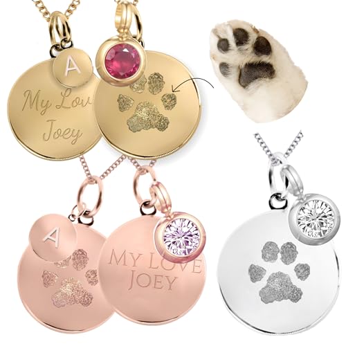 PERSONOVA Collar Personalizado con Huella de Huella de Perro con Grabado – Colgante de Pata de Mascota con Nombre – Recuerdo con Letras y Piedra Natal – Regalo para Amantes de los Animales