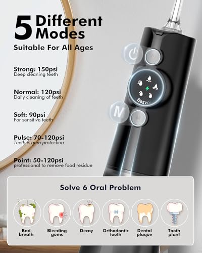 Munddusche Kabellos Water Flosser Zahnreinigung : LED-Anzeige 5 Modi Zahndusche mit 300ML Wassertank & 6 Düsen, IPX7 Wasserdichte Oral Irrigator Munddusche Testsieger(Schwarz) – Bild 4