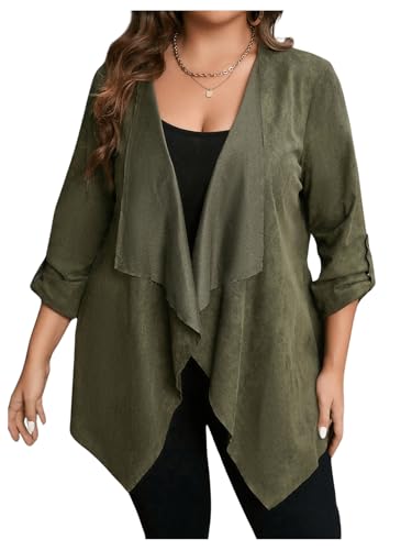 Image of Floerns Women's Plus Size Waterfall Collar Roll Up Sleeve Open Front Cardigan Army Green 2XL