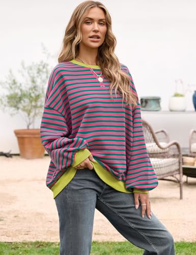 Image of UEU Women Oversized Striped Crewneck Sweatshirt Long Sleeve Color Block Pullover Tops Casual Loose Workout Shirt