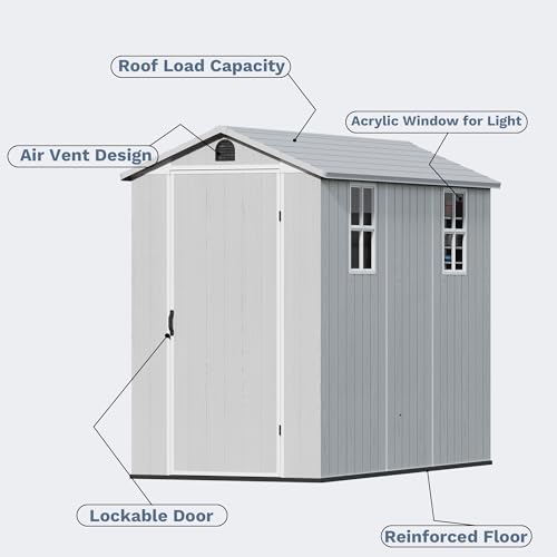 Image of Devoko 4x8 FT Resin Storage Shed with Floor, Garden Plastic Outdoor Shed with Window and Lockable Door, Waterproof Outside Tool shed for Backyard Patio, Light Grey