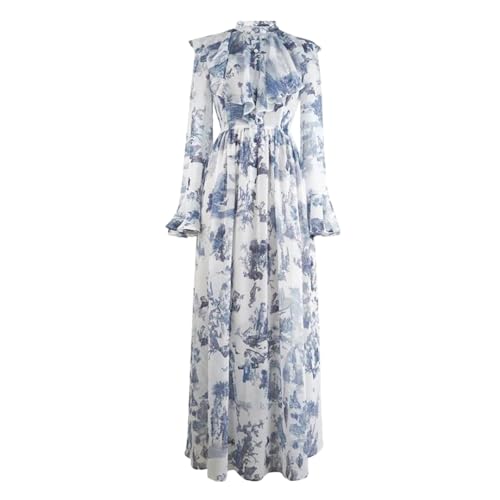 Women Runway Designer Floral Print Ruffles Celebrity Party Button Up Maxi Long Dinner Dresses Blue M