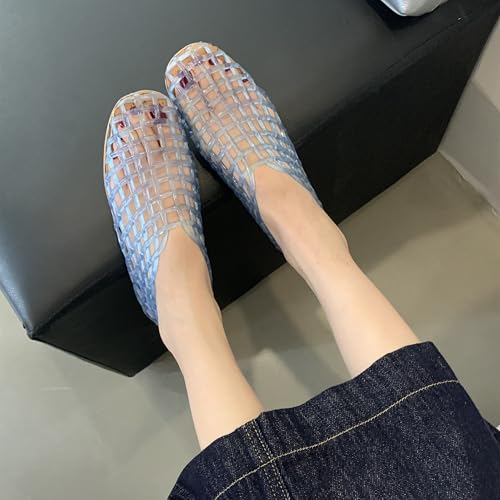 Image of Jelly Mesh Ballet Flats for Women Clear Hollow Jelly Shoes Sandals Round Toe Non-Slip Beach Ballerina Jellies Flats Shoes