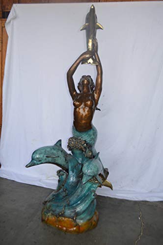 Estatua de sirena de bronce con delfines grande para jardín miniatura 2