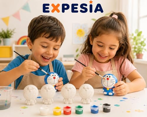 Image of EXPESIA Paint Your Own Doremon Cartoon Figurine Kit for Kids, DIY Ceramic Craft Set, 6 Paint Colors with Brush, 4 Pack