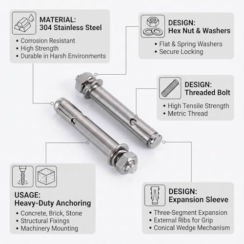 Image of M6 x 80 mm External Hex Expansion Bolts Screw Sleeve Anchors, 304 Stainless Steel, 8Pcs