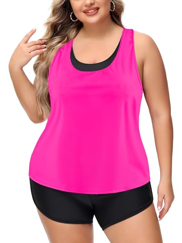 NIeyook Womens Swimsuit Plus Size Tankini with Boyshorts Tummy Control 3 Piece Swimwear Athletic U Neck Modest Bathing Suits Hot Pink 24 Plus/6XL2