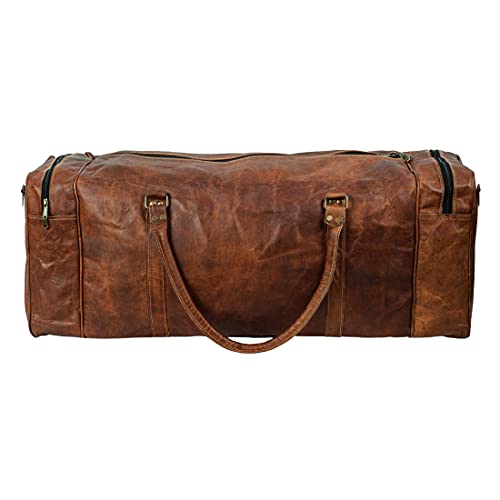 Leather Duffel Weekender Bags Inner Canvas Bag Overnight Travel Carry On Tote Bag Satchel with Adjustable Luggage Strap Sleeve (28