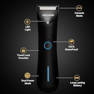 MENHOOD Ball Trimmer Mini – Groin & Body Shaver for Men with Skin-Friendly Ceramic Blade, IPX6 Waterproof Rating, No Snags or Cuts, 90-Minute Run Time