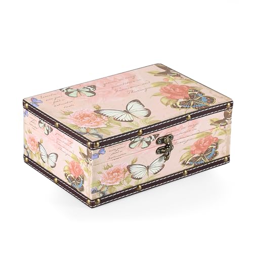 ELLDOO Butterfly Treasure Chest Box, Wooden + PU Leather Storage Decorative Box for Jewelry Trinkets Photos, Rectangular Keepsakes Box for Girls Women Gifts