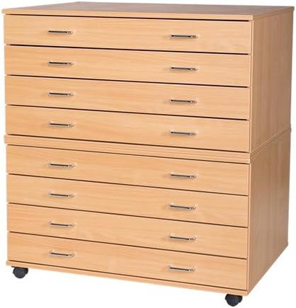 Relax Office Wooden Plan Chest Drawers A1 Mobile Paper Storage with 8 Drawers and Wheels, Office Storage, Drawer Organisers-Beech Finish