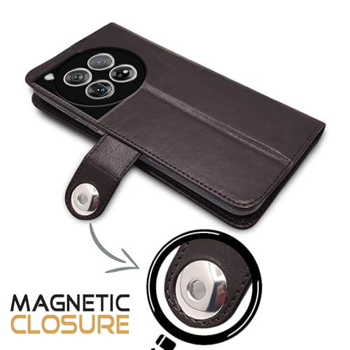 Image of Pikkme OnePlus 12 5G Flip Cover Leather Finish | Inside TPU with Card Pockets | Wallet Stand and Shock Proof | Complete Protection Button Flip Case (Coffee)