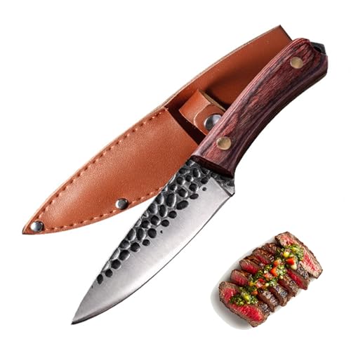 Fubinaty Small Chef Knife Japanese 4 Inch Steak Knife Handmade Forged High Carbon Steel Kitchen Cook Knives Full Tang Paring Knife with Sheath and Wooden Handle for Home and Outdoor Cooking