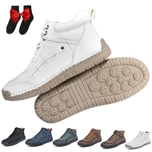 GHTRHSB Men's Comfortable Handmade Wide-Fit Leather Shoes Breathable Waterproof, Arch Support, Anti-Slip Outdoor Hiking Shoes Lace Up Handmade Ankle Chukka Boots Walking Driving Sneakers (White,10.5)