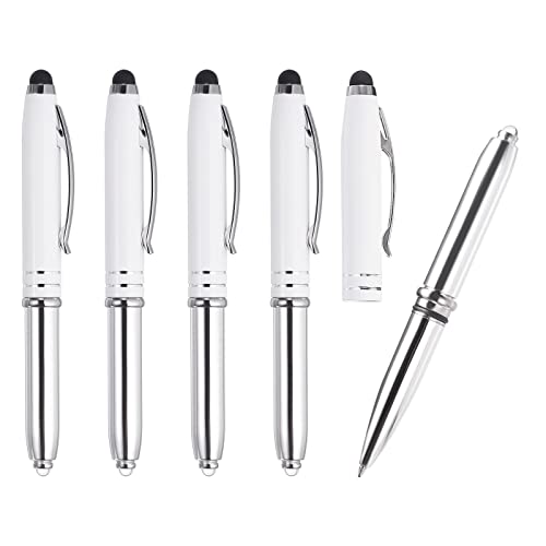 PATIKIL Ballpoint Pen with Stylus Tip and LED Flashlight, 5 Pack 3 in 1 Metal Pen Black Ink 1.0mm Medium Point Stylus Pen for Touch Screens, White