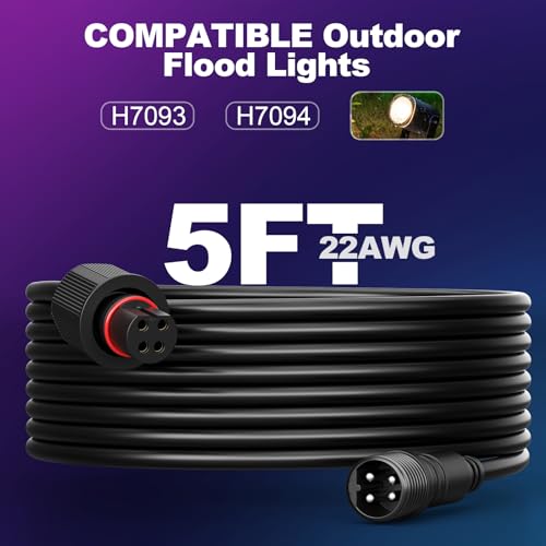 Image of 5FT Extension Cable for Go-ee Outdoor Spot Lights 2, IP68 Waterproof Extension Cord Compatible with Go*ee H7093 H7094-4 Pin Plug Patio Decorations (5FT 2Pack)
