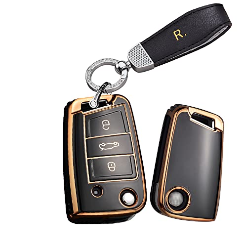 HIBEYO Key Fob Cover for VW Golf 7 Mk7 Polo Jetta4 Touran T-Roc Tiguan Seat Leon 3 Ibiza4 5 Toledo4 Arona Ateca Skoda Rapid Spaceback Car Accessoreis with Keychains-Black