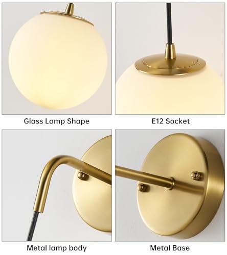 Image of Globe Wall Sconce Set of 2, Frosted White Glass Wall Lighting Fixtures with 2 Smart LED Bulbs for Bedroom Hallway Living Room Bathroom，Brass