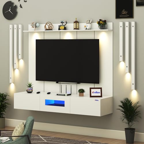 Image of Anikaa LucenPro Engineered Wood Wall Mount TV Unit with PVC Back Panel, Acrylic Blue LED Storage Box, Side Wooden Accent Spot Light Panels I Deal for Up to 50 Inch TV (White - DIY Installation)