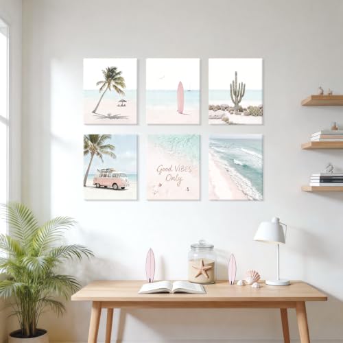Image of CHDITB Beach Framed Canvas Wall Art,Pink Coastal Palm Tree Surf Decor