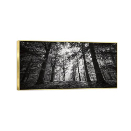 Tableau toile forêt noir et blanc 20x40 cm avec son cadre doré chic